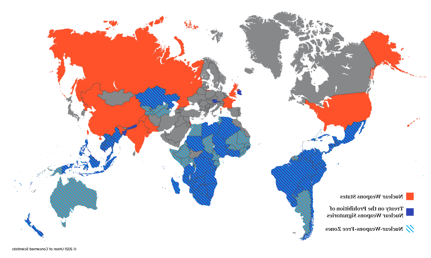 世界地图显示有核武器的国家, signatories of TPNW, 以及无核武器区的国家